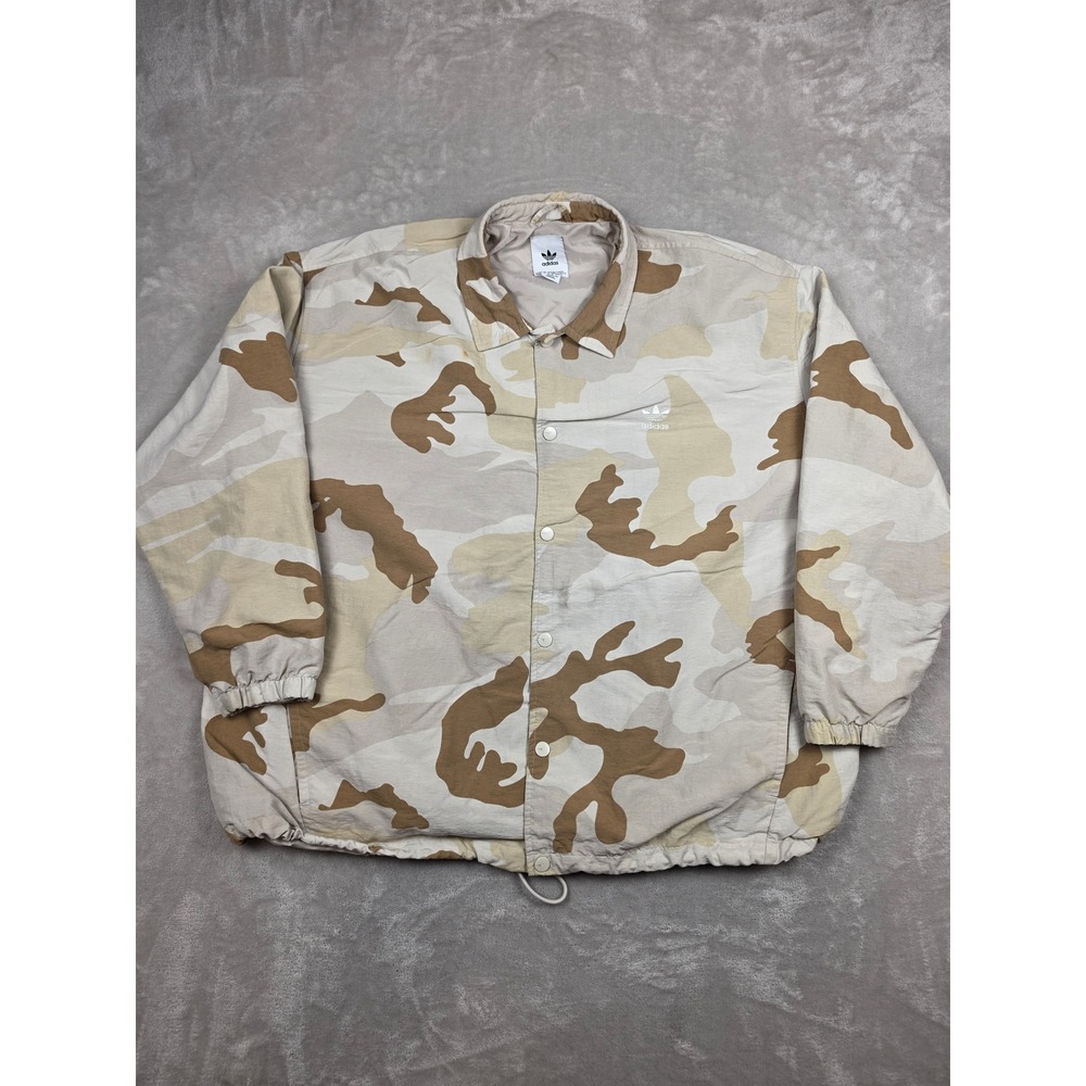 Adidas Coaches Jacket Men 2XL Beige Camo Snap Button Windbreaker Trefoil Stained